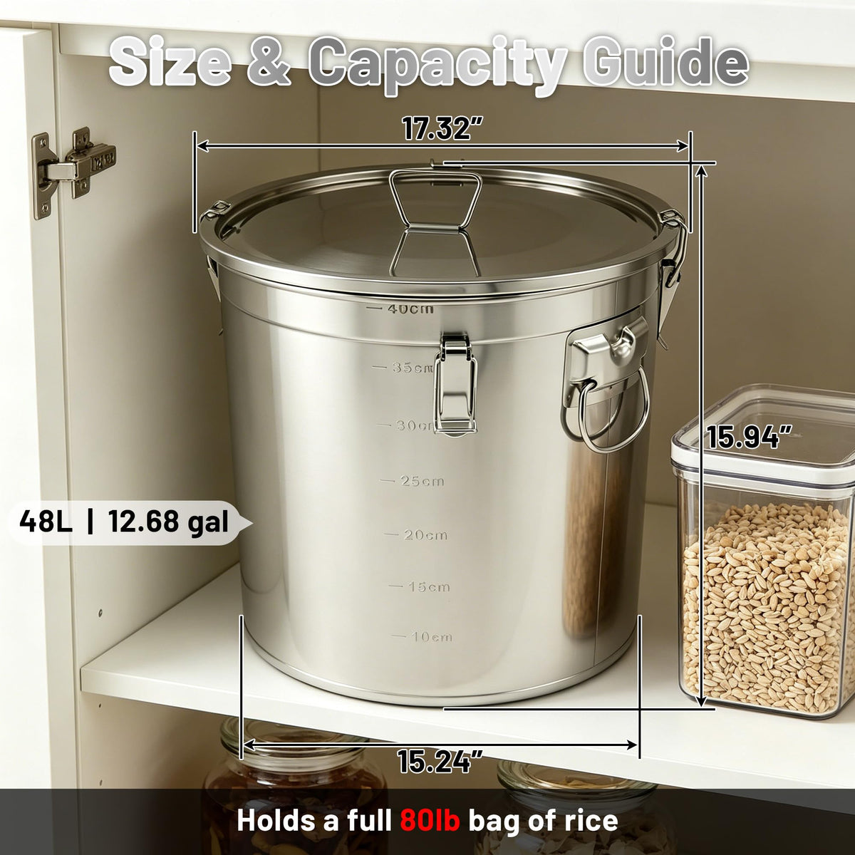 304 Stainless Steel Extra Large Rice Storage Container 12.7Gal