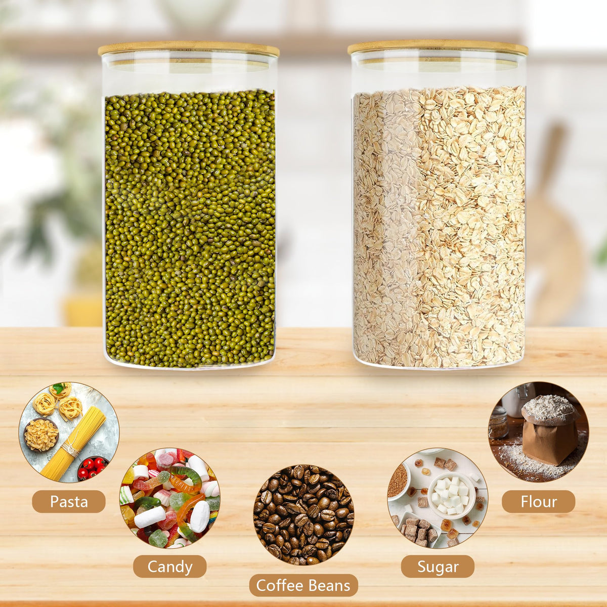 Large Glass Cereal Containers Storage with Airtight Bamboo Lids