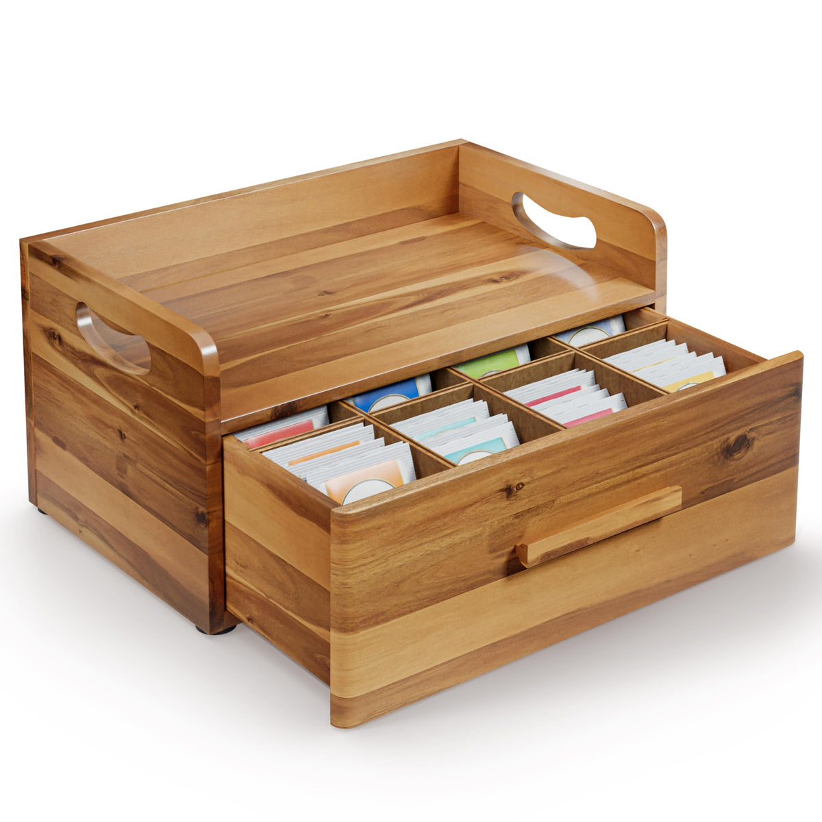 Acacia Wooden Tea Box Organizer with Drawer for Tea & Coffee Storage