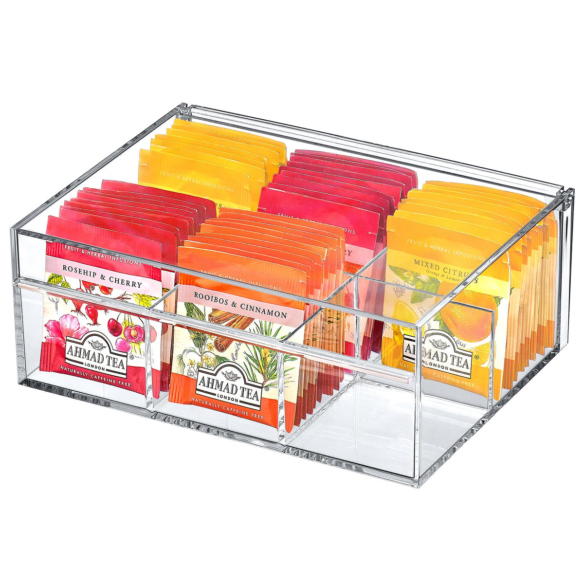 Tea-Rrific - Acrylic 6-Compartment Tea Bag Organizer, Clear Plastic Tea Box, 6-Slot Tea Chest, Perfect Tea Storage Solution for Kitchen Cabinet, Countertop, Pantry, and More (6 Count)