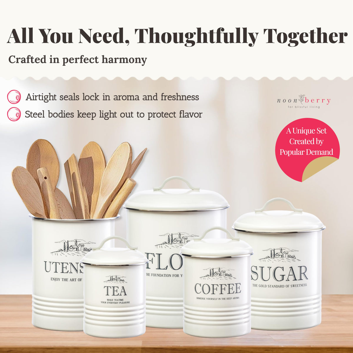5 Piece Farmhouse Kitchen Canister Sets for Kitchen Counter (5 Count)