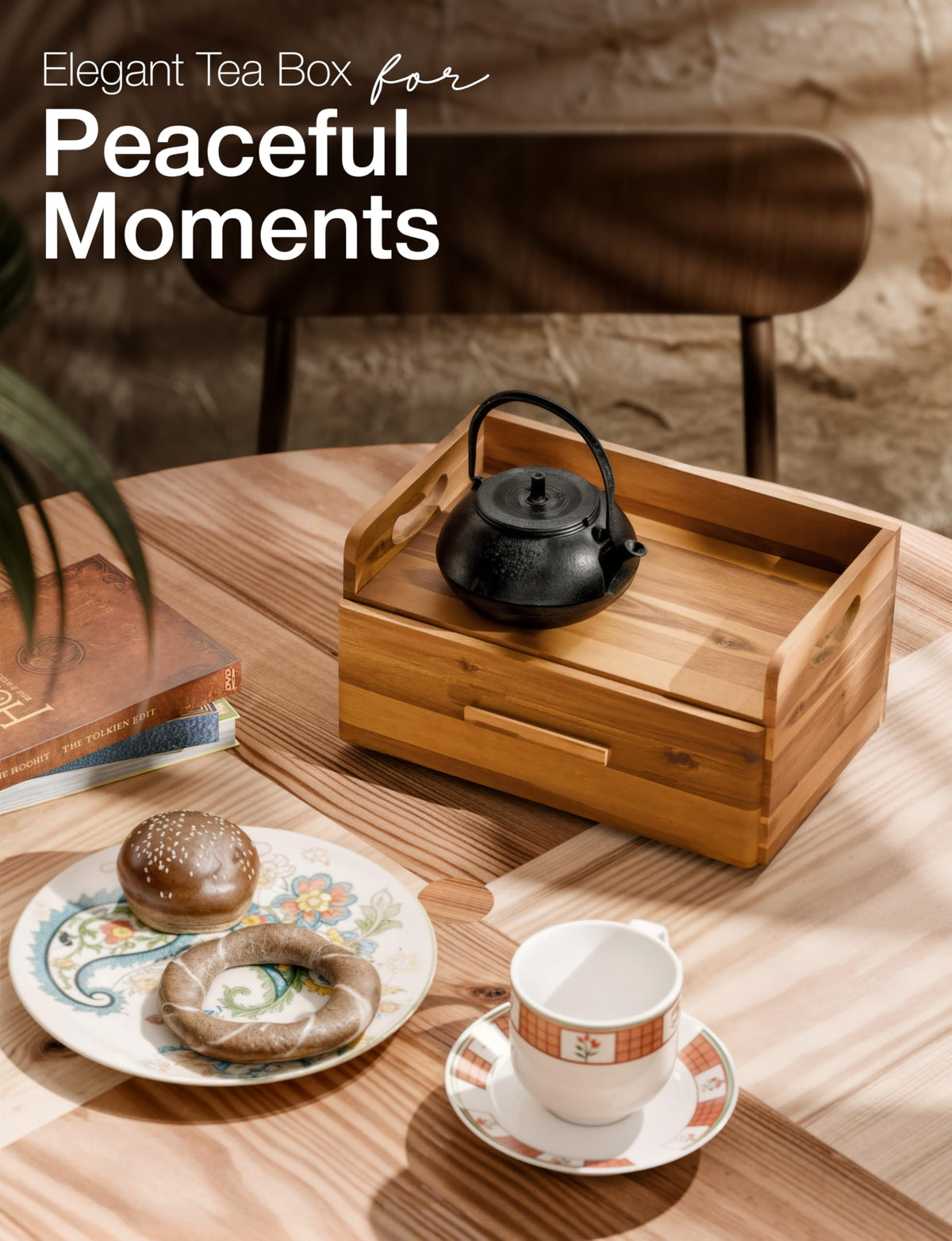Acacia Wooden Tea Box Organizer with Drawer for Tea & Coffee Storage