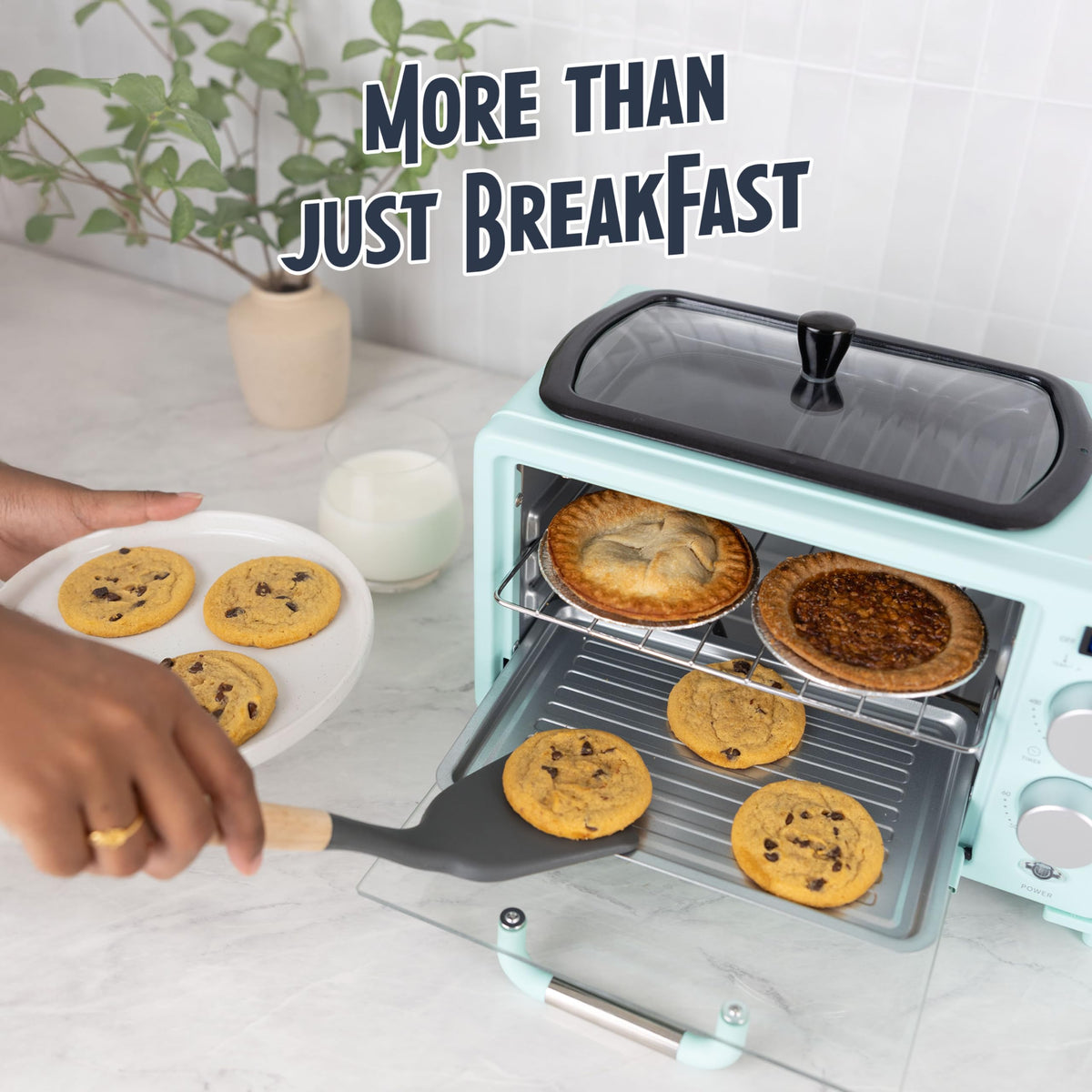 3-in-1 Retro Breakfast Station - Includes 5 (4 Oz) Cup Coffee Maker, Non-Stick Ceramic Griddle, and 4-Slice Toaster Oven - Built-In Timer, Reusable Coffee Filter, Space-Saving Design - Aqua
