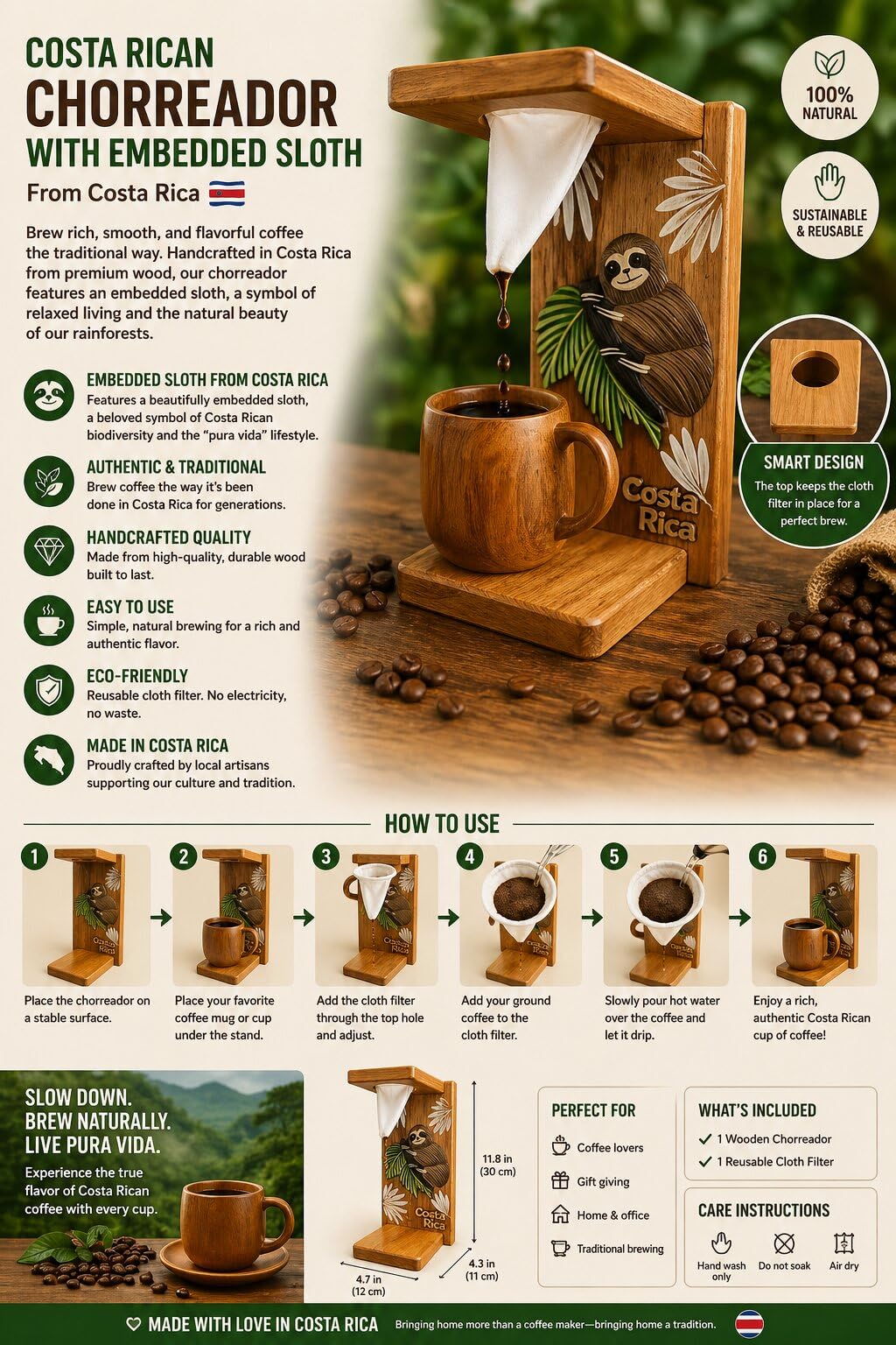 Chorreador Costa Rican handcrafted foldable wooden pour