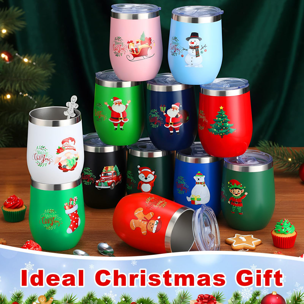 16 Pcs Christmas Funny Wine Tumbler Spoon Set 12 Oz Stainless Steel Tumbler with Straw Brush Double Wall Insulated Travel Coffee Mug for Christmas Xmas Party Decorations Holiday Gift (16 Count)