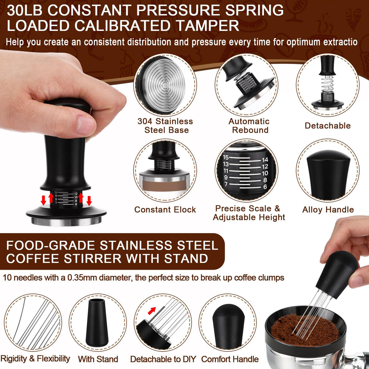 53mm Black 7 Pcs Espresso Accessories Kit with Tamping Station (7 Count)