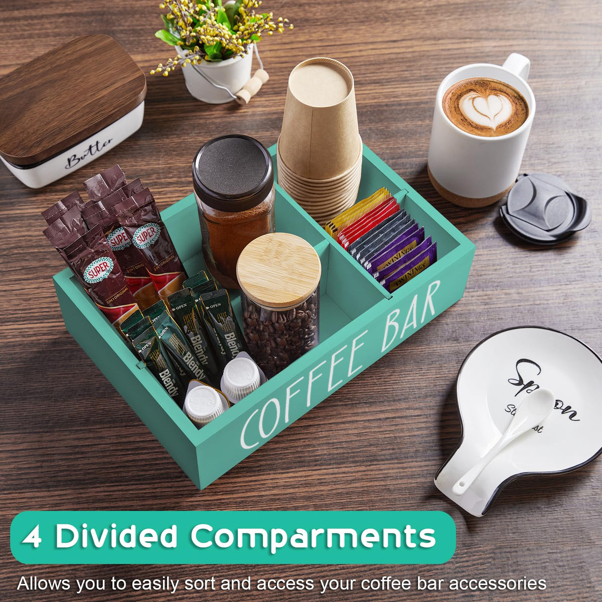 Turquoise Coffee Station Organizer with Removable Dividers