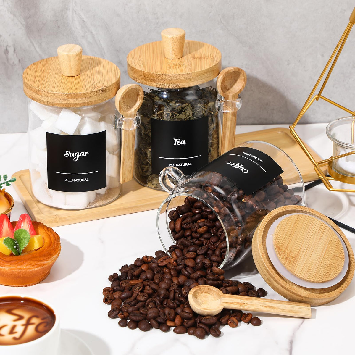 3 Pcs Glass Coffee Container with Wooden Lid Spoon Shelf Labels Clear Airtight Jar Food Storage Canister Set for Sugar Spice Coffee Bean Holder Housewarming Gift (3 Count)