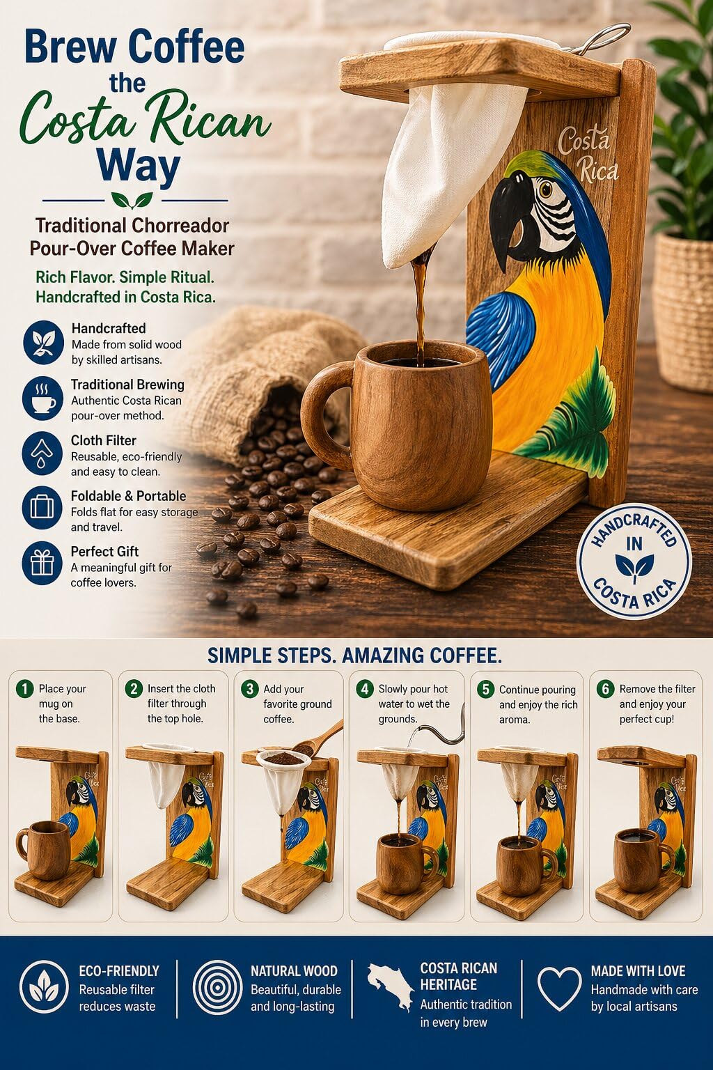 Chorreador Costa Rican handcrafted foldable wooden pour