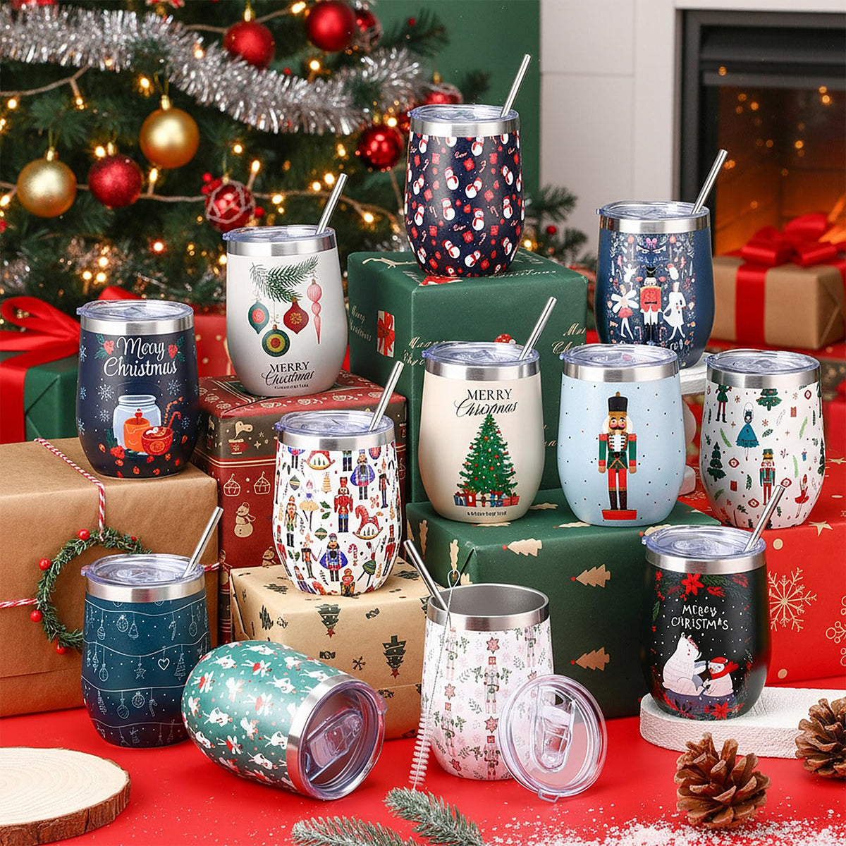 12 Pack Christmas Tumbler Bulk with Lid and Straw Brush (12 Count)