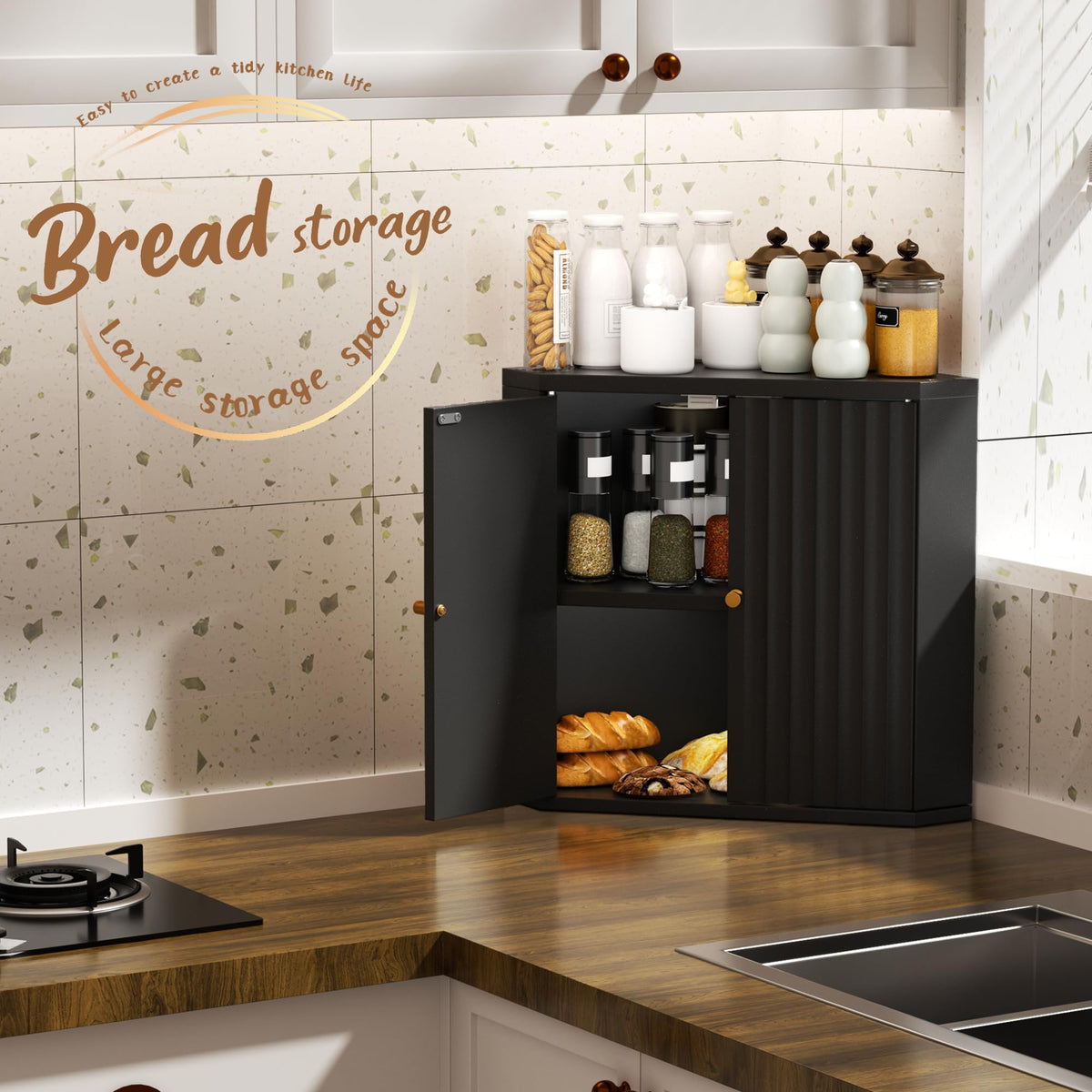Black Corner bread box for kitchen countertop