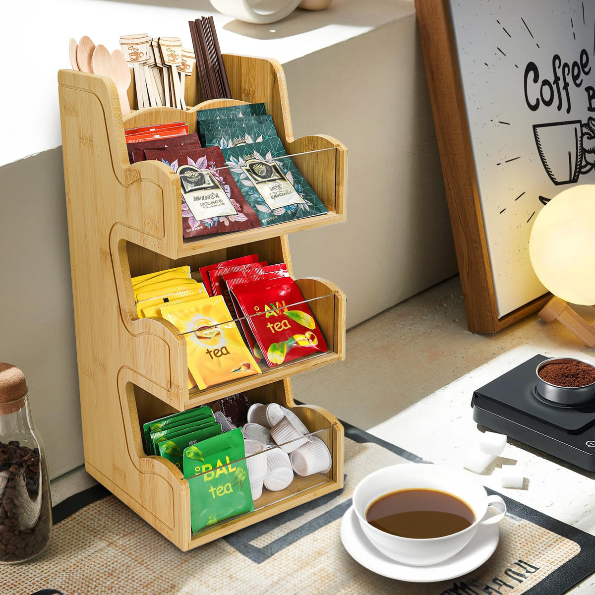 3 Tier Bamboo Coffee Condiment Station