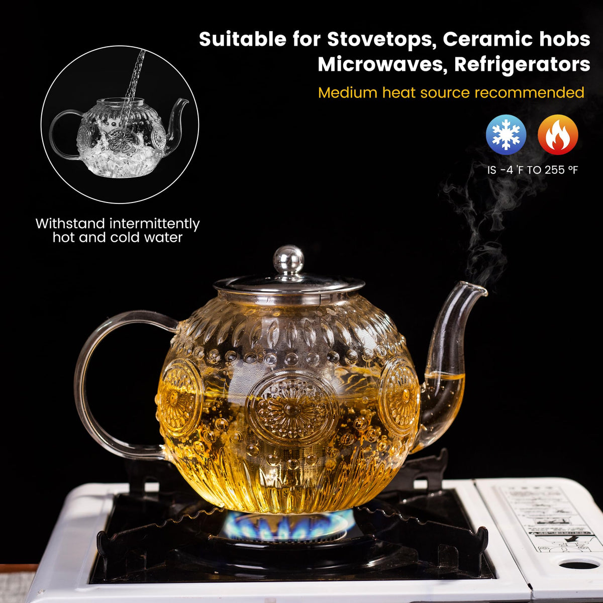 50OZ 1500ml Vintage Glass Teapot with Removable Infuser