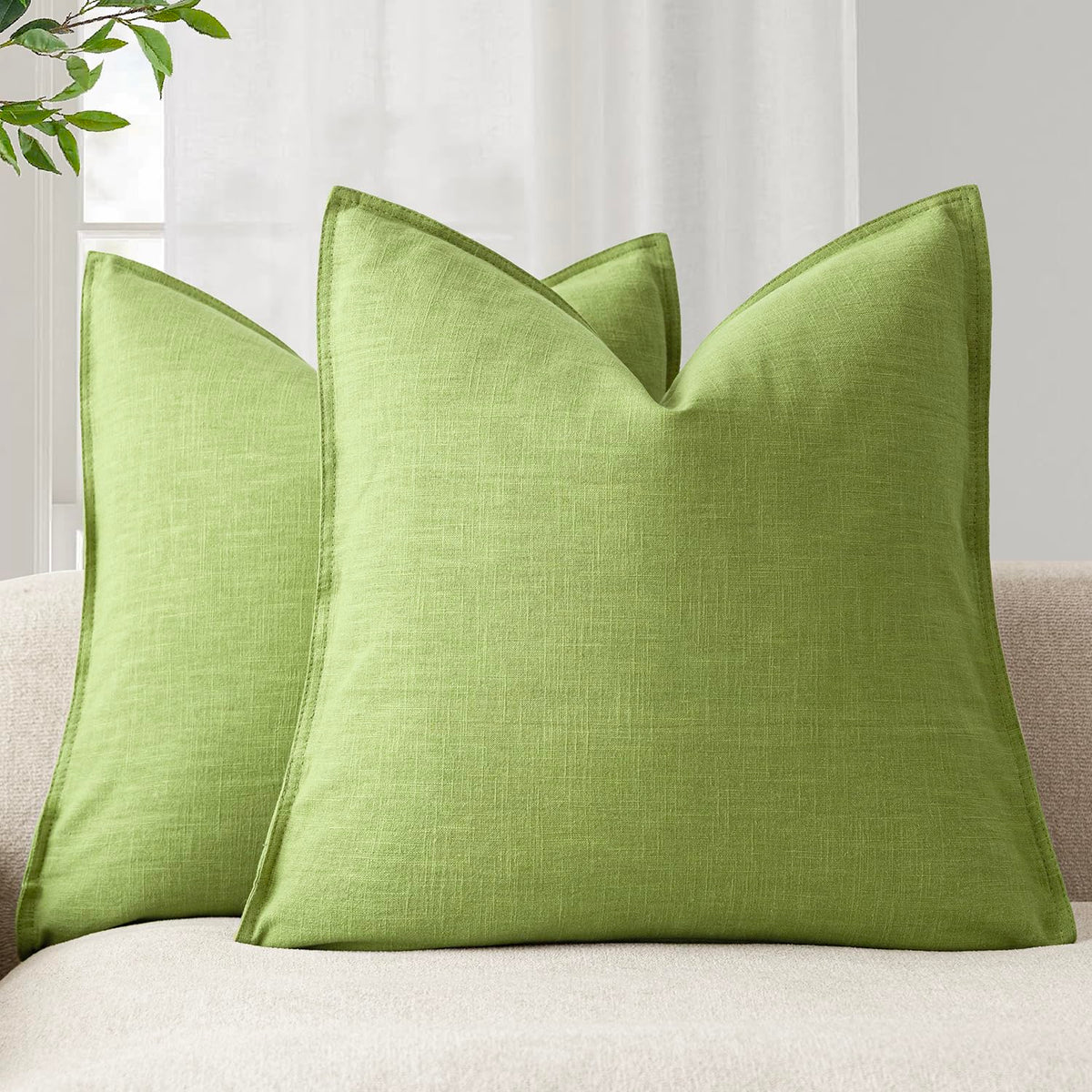 Pack of 2 Decorative Linen Solid Throw Pillow Covers Soft Accent Euro Cushion Case Farmhouse Neutral Pillowcase for Chair Couch Sofa Bedroom Living Room Home Decor 18 x 18 Inch Lush Green