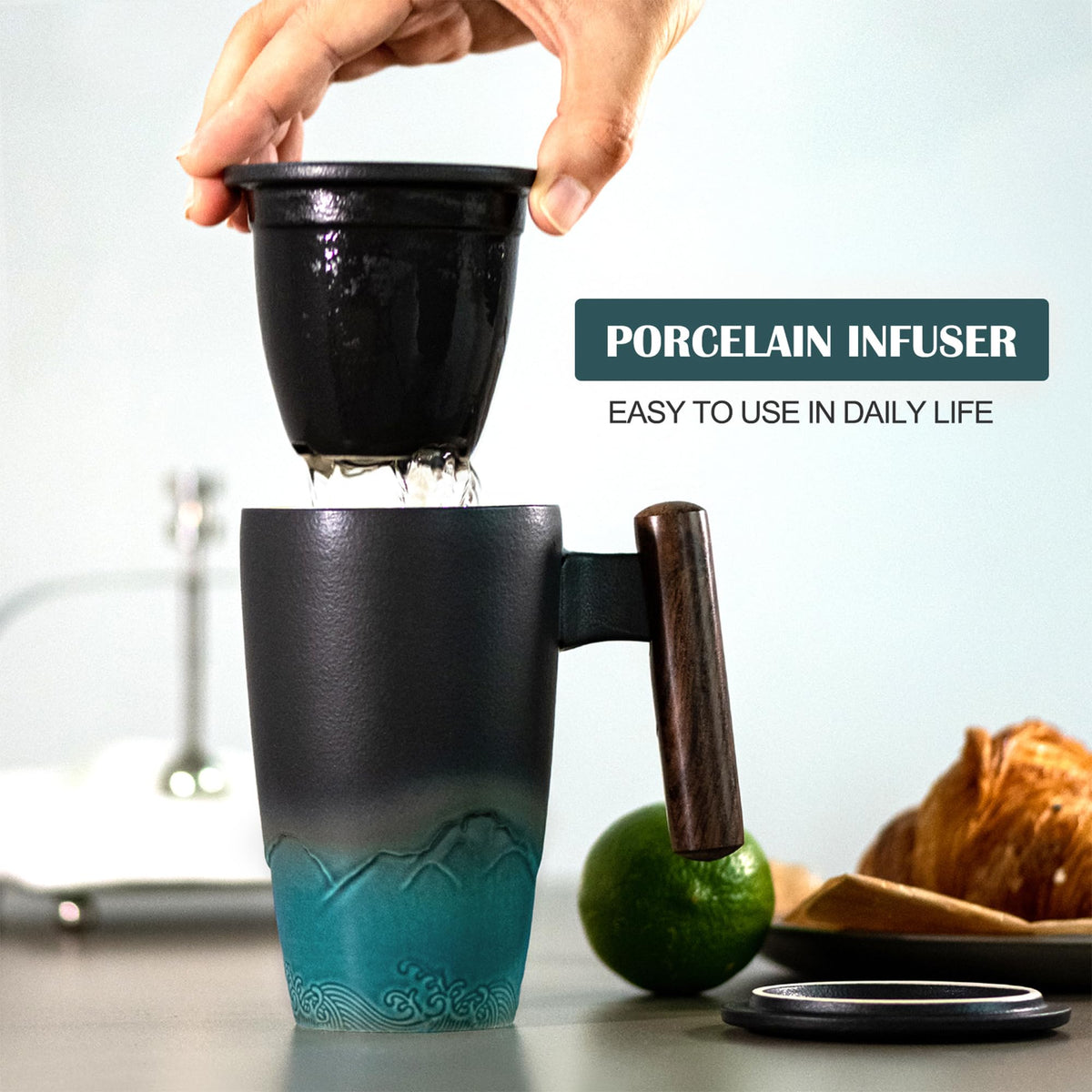 Ceramic Tea Cup with Infuser and Lid Tea Mugs Wooden Handle 400ml