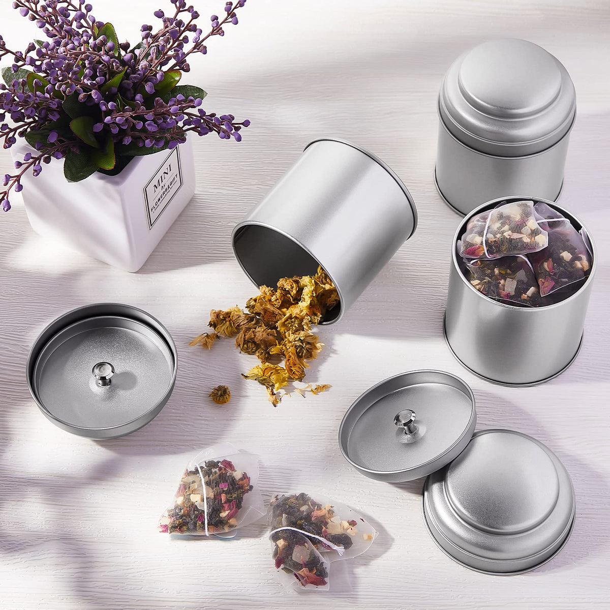 12 Pcs Tea Tin Canister with Airtight Double Lids Round Tin Can Box Small Kitchen Tea Canister Loose Leaf Storage Containers for Loose Bags Coffee Sugar Candy Spices