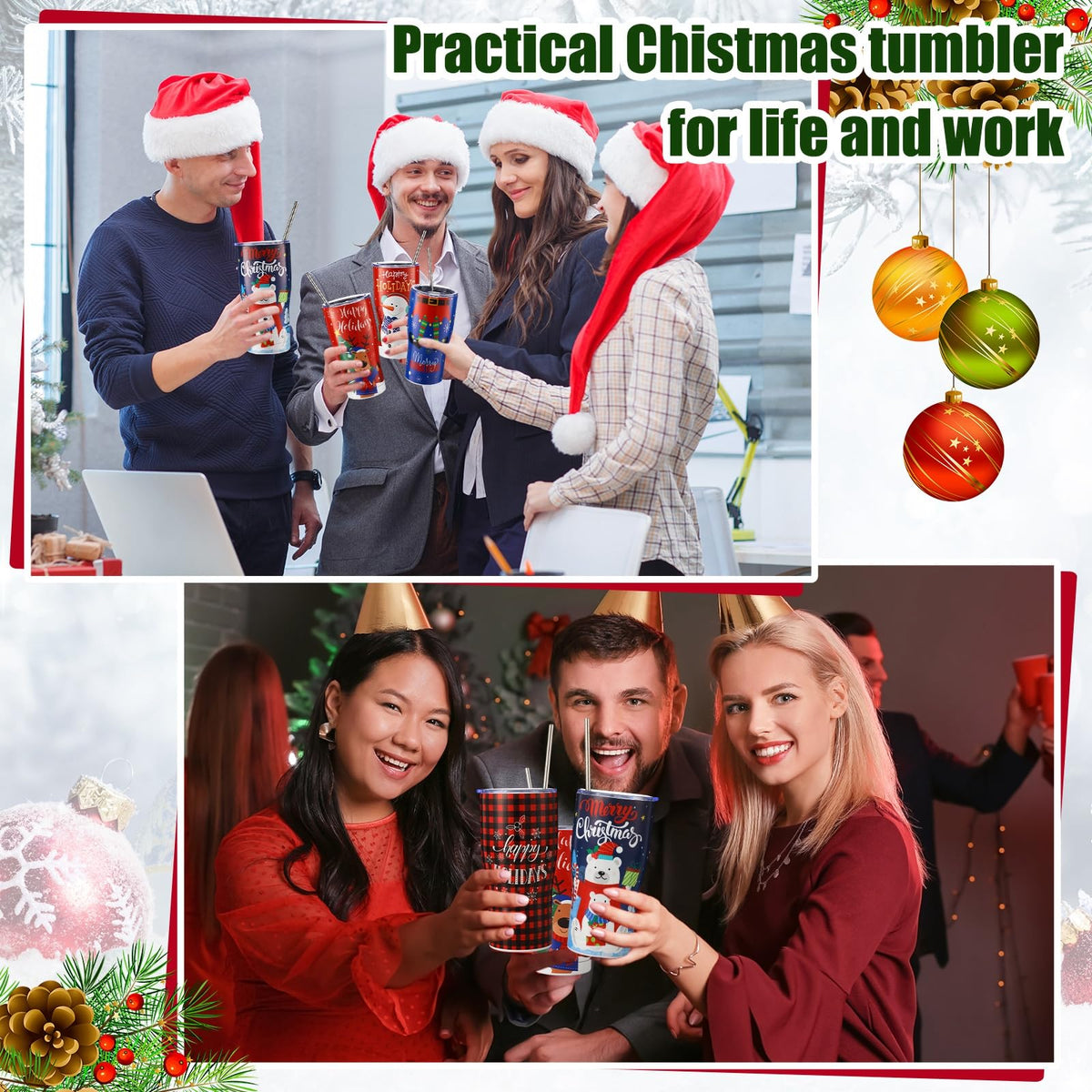 10 Sets 20oz Christmas Tumblers with Lids and Straws Christmas Stainless Steel Tumbler Double Wall Insulated Travel Coffee Mug for Xmas Gift Holiday Family Friend Drinks (10 Count)