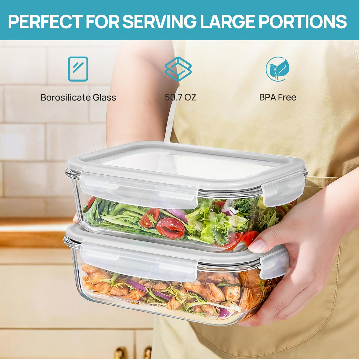 2Pack 1500ml 50.7oz Large Glass Storage Containers With Lids (2 Count)