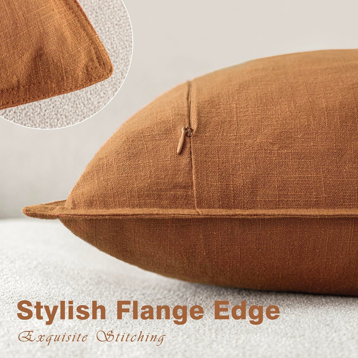 Set of 2 Decorative Linen Solid Throw Pillow Covers Soft Accent Cushion Euro Case Boho Farmhouse Pillowcase for Chair Couch Sofa Bedroom Living Room Home Decor 24 x 24 Inch Autumn Orange