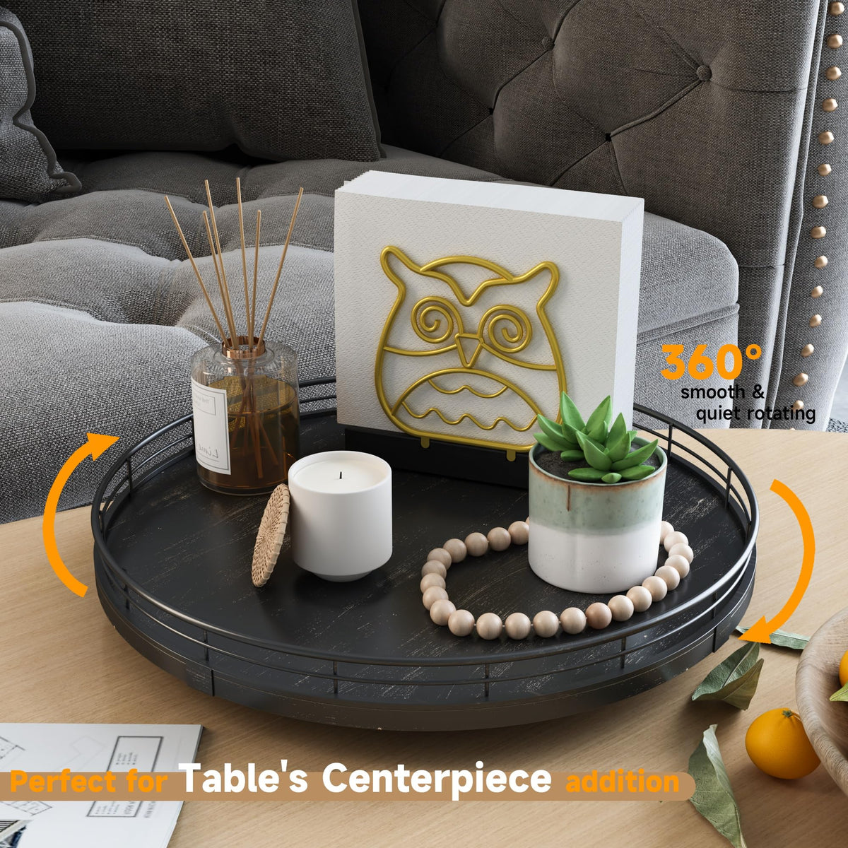 13 Inch Oak Lazy Susan Vanity Tray with Black Brushed Gold Finish Rail