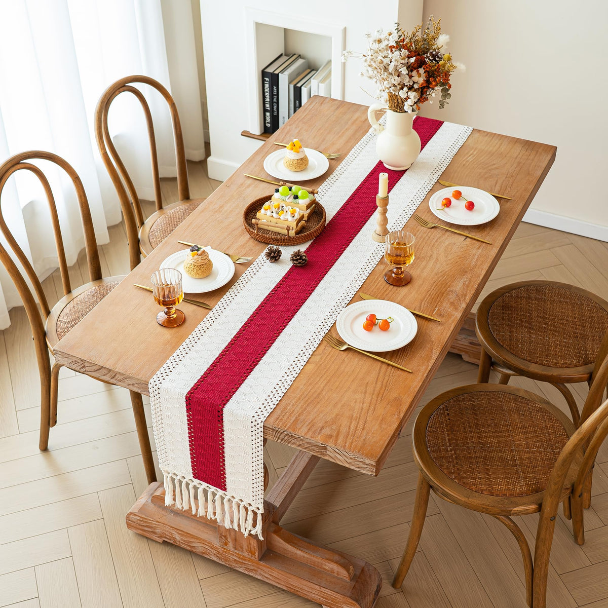 Boho Table Runner for Home Decor 12x72 Red Fall Coffee Table Decor (6 Foot)