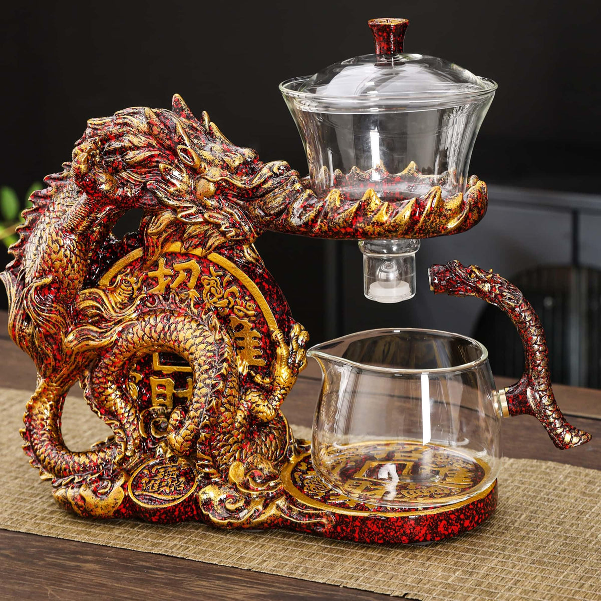 Glass Teapot Set with Infuser Semi Automatic Dragon Tea Set with 6 Small Cups
