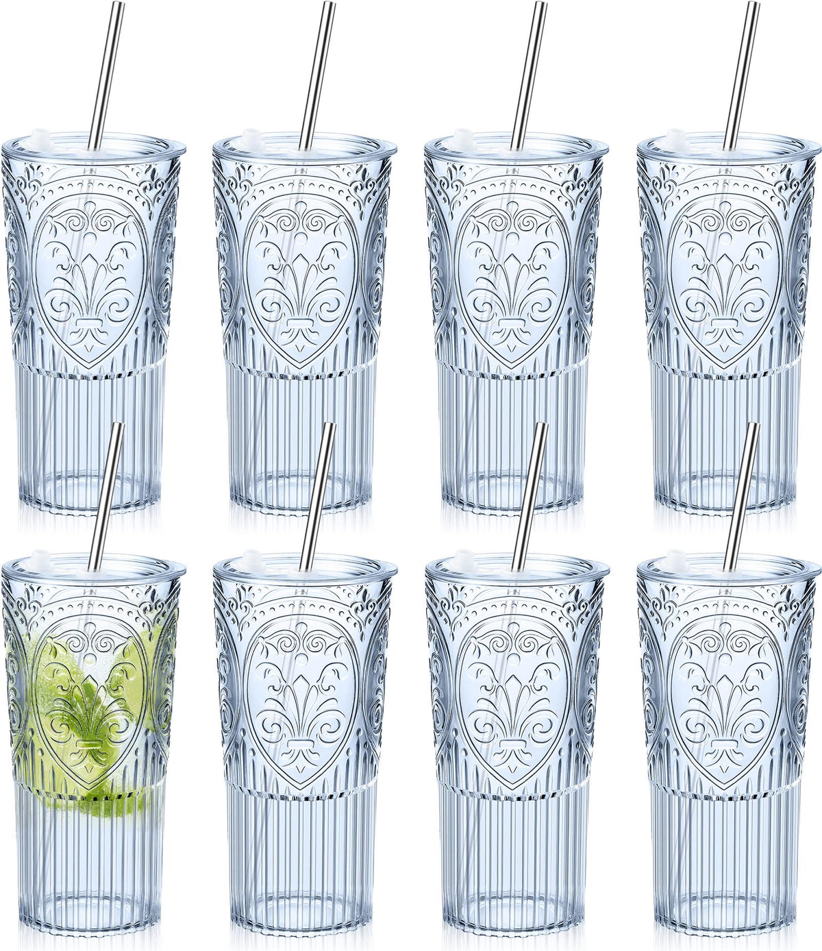 8 Set 20oz Vintage Plastic Tumbler with Lids and Straws Ribbed Floral Drinking Glasses Reusable Iced Coffee Cups for Water Juice Smoothie Cocktail Travel Party Events Gift (8 Count)