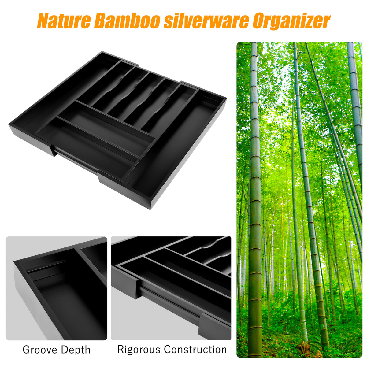 Large Premium Bamboo Silverware Organizer