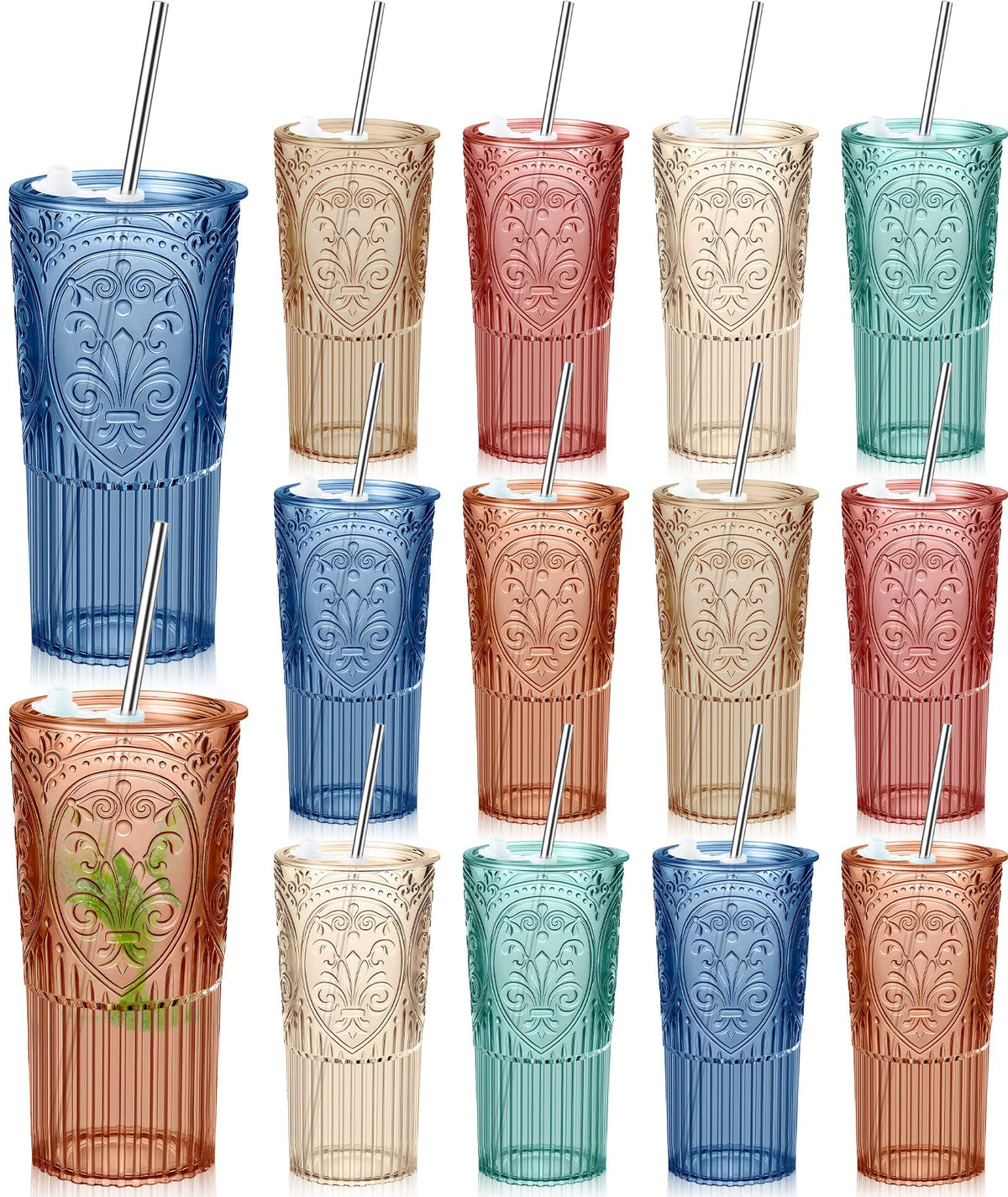 12 Set 20oz Vintage Plastic Tumbler with Lids and Straws Ribbed Floral Drinking Glasses Reusable Iced Coffee Cups for Water Juice Smoothie Cocktail Travel Party Events Gift (12 Count)