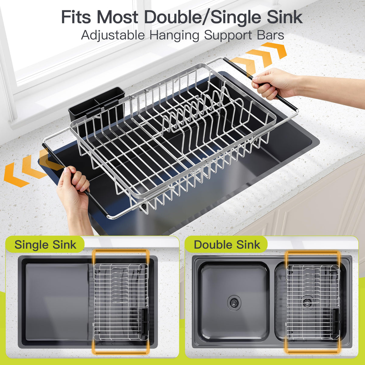 Expandable Dish Drying Rack Over the Sink with Utensil Holder