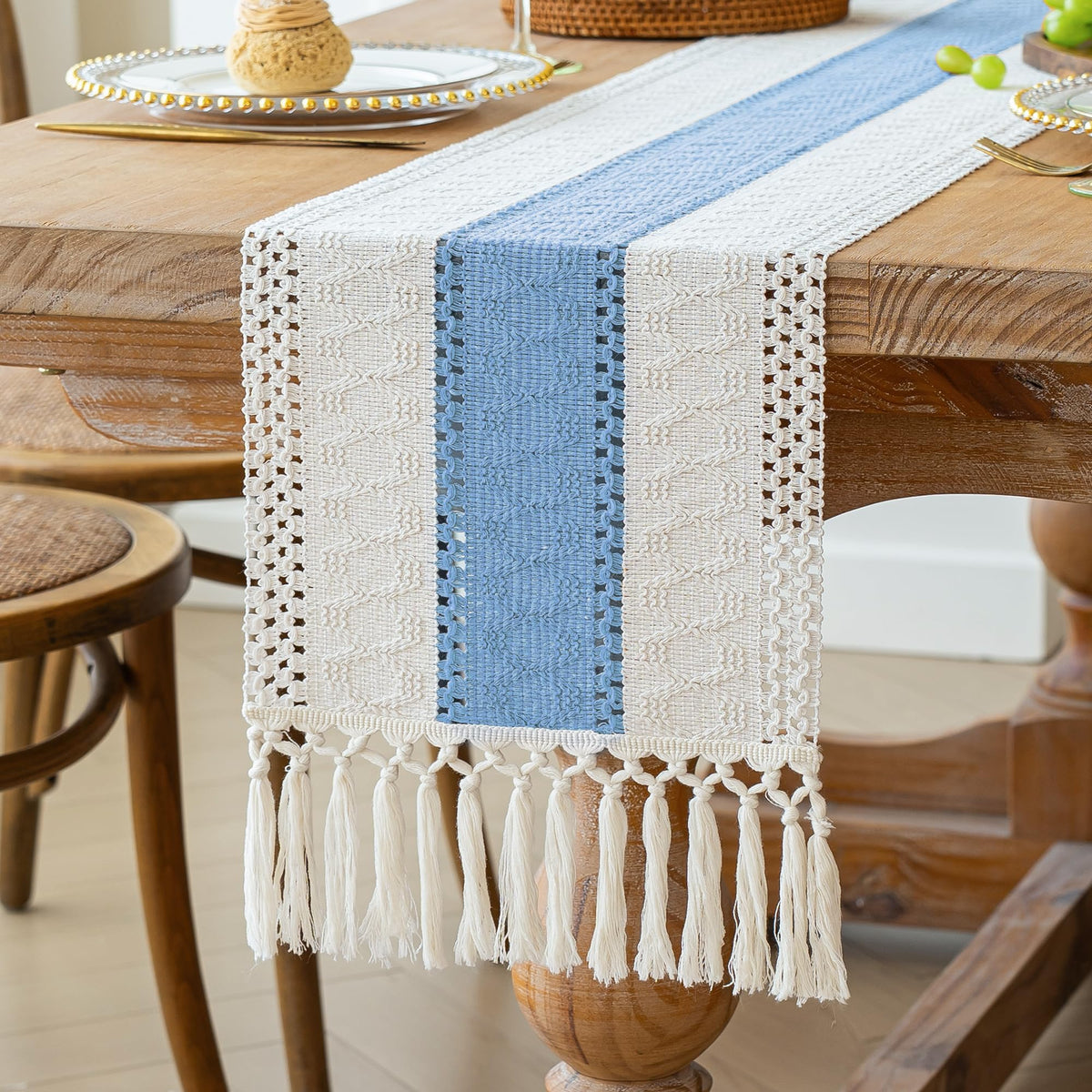 Boho Table Runner for Home Decor 12x72 Light Blue Farmhouse Decor (6 Sq Ft)