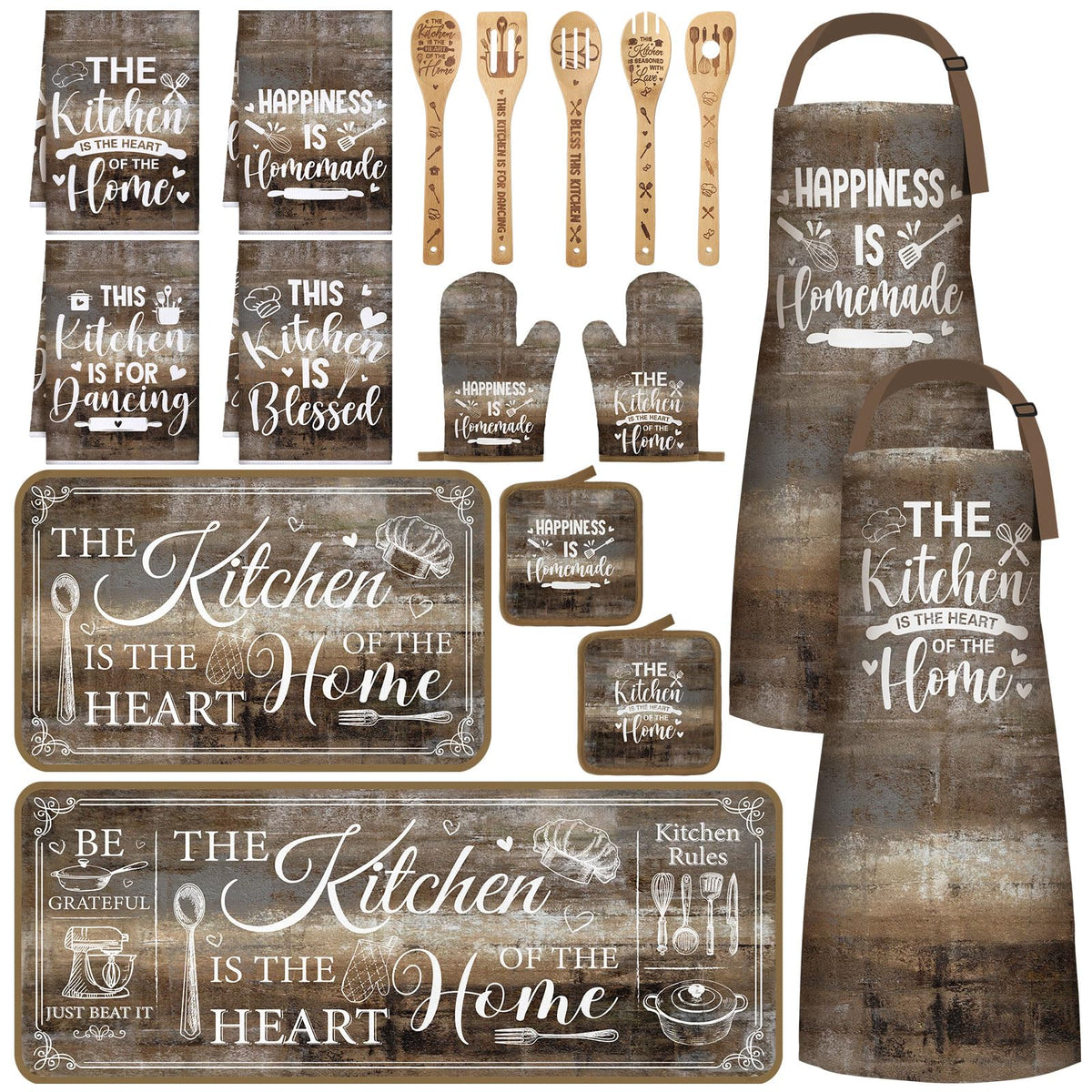 17 Pcs Brown Kitchen Decor and Accessories Brown Kitchen Rug and Mat Oven Mitts and Pot Holders Apron Dish Towels Cute Wooden Spoons for Natural Wood Themed Home Decor Housewarming Gifts (17 Count)