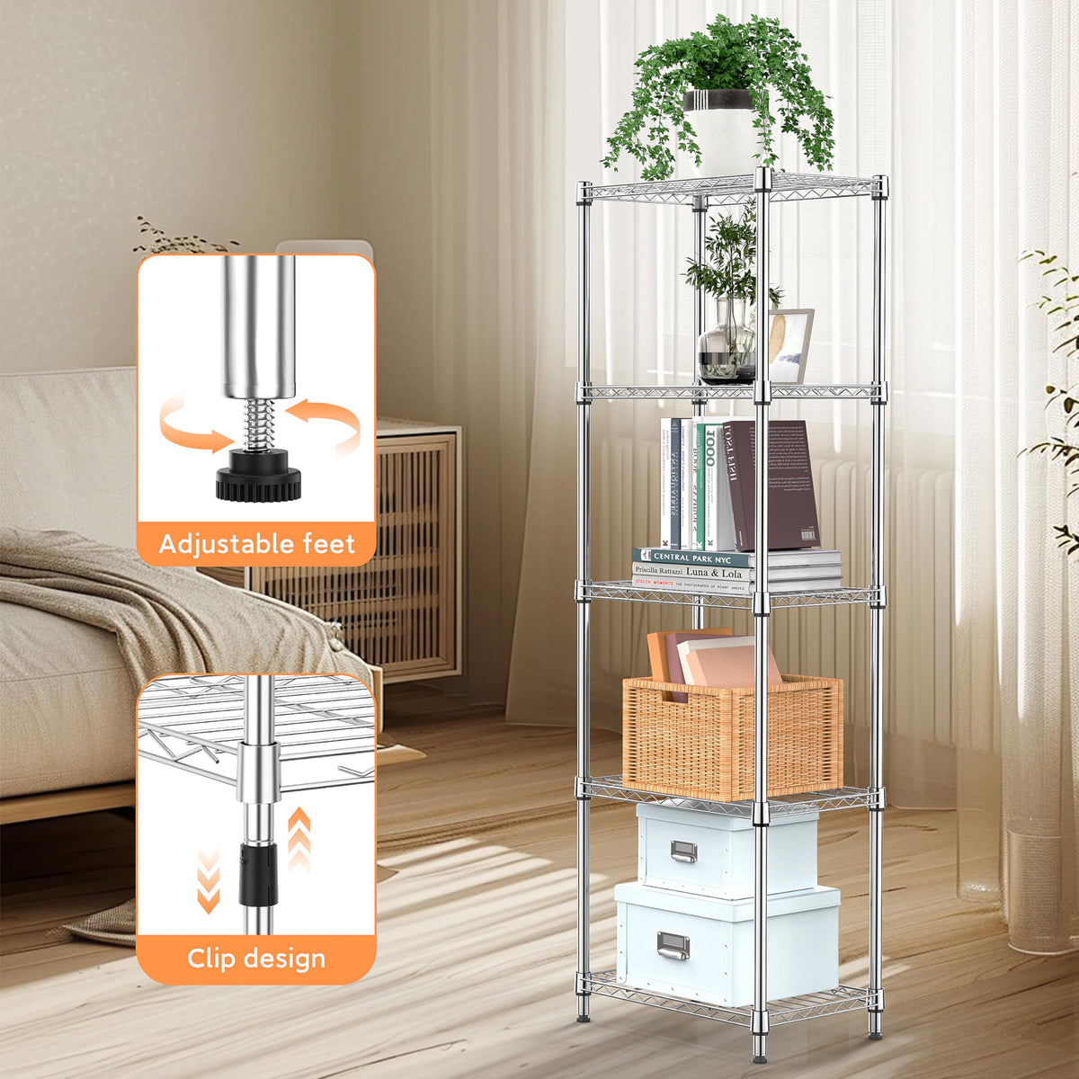 5 Tiers Shelf Metal Storage Shelves Wire Rack Closet Organizers for Garage Kitchen Bathroom Laundry Chrome 11.8" D x 17.7" W x 55" H (5 Count)