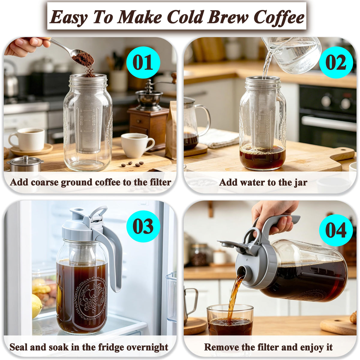 Cold Brew Coffee Maker 64oz Mason Jar Pitcher with Stainless Steel Filter