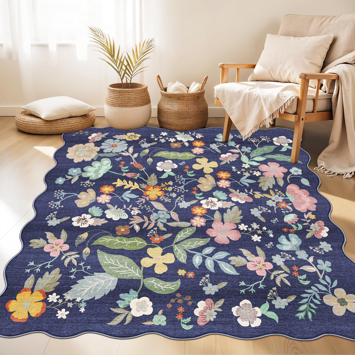 Floral Square Area Rug for Family (25 Sq Ft)