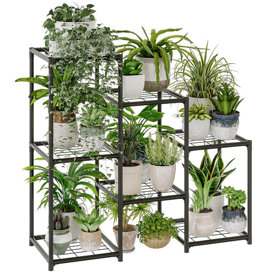 Black Plant Stand Outdoor Metal Plant Shelf for Multiple Plants