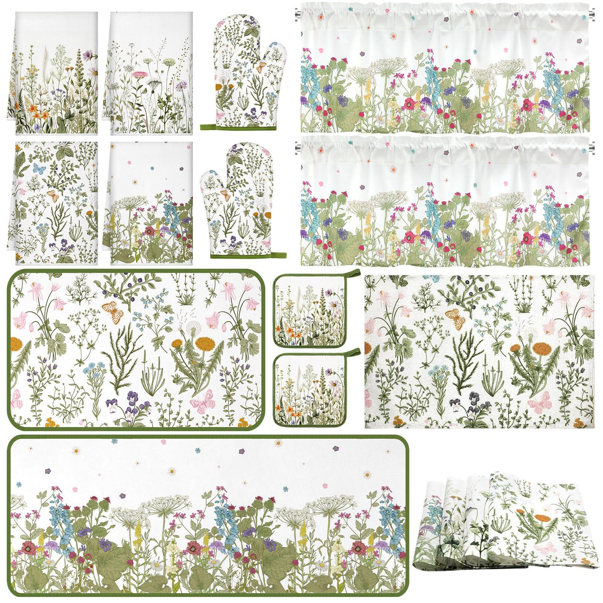 16 Pcs Wildflower Floral Kitchen Decor Set Spring Kitchen Towels and Dishcloth Non Slip Rug Floor Mat Farmhouse Flower Oven Mitts and Pot Holder Retro Curtain Set for Home Decoration Gift (16 Sq Ft)