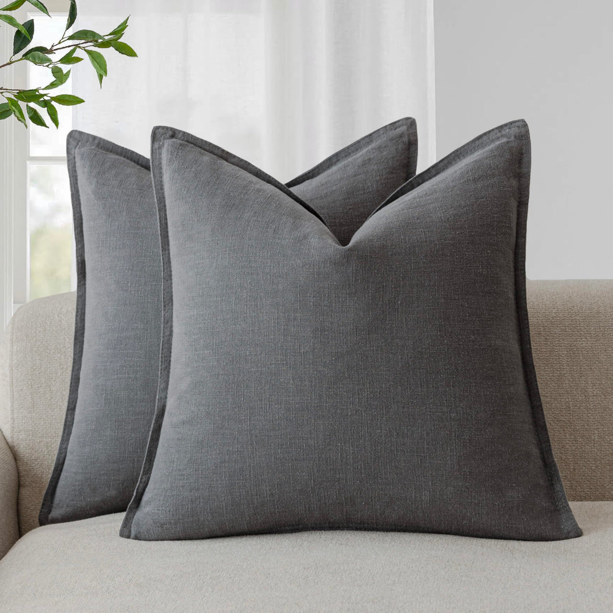 Pack of 2 Decorative Linen Solid Throw Pillow Covers Soft Accent Square Cushion Case Boho Farmhouse Pillowcase for Chair Couch Sofa Bedroom Living Room Home Decor 26 x 26 Inch Grey (2 Count)