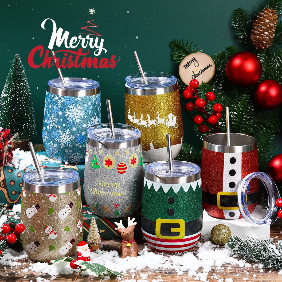 6 Pack Christmas Glitter Tumblers 12oz (6 Count)