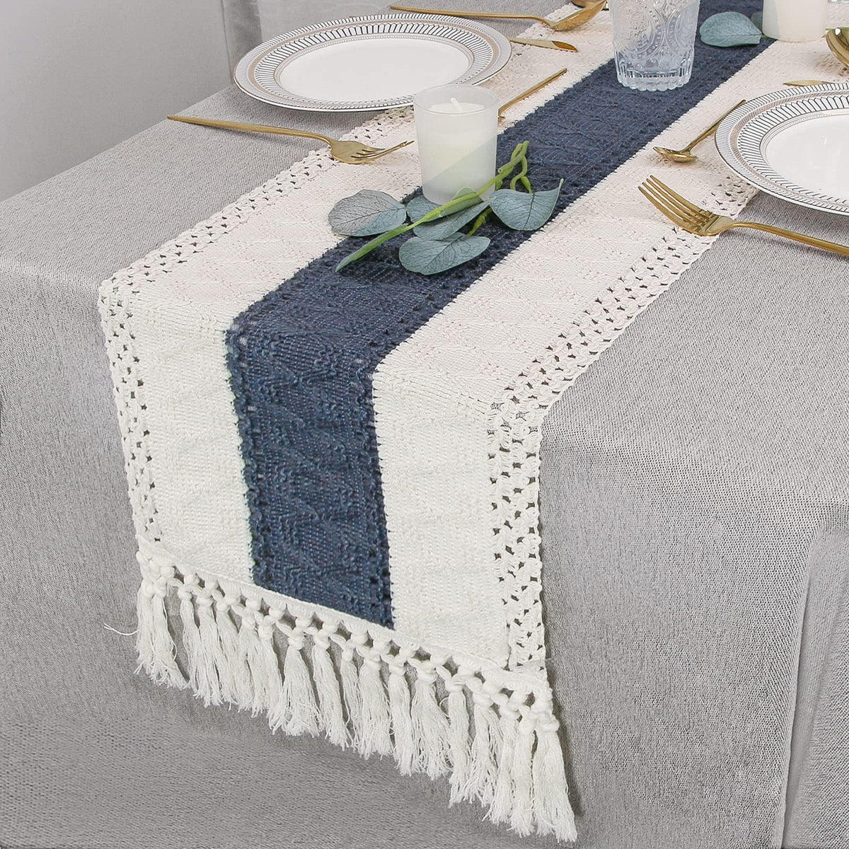 Boho Table Runner for Home Decor 12x48 Blue Fall Rustic Decorations (4 Foot)