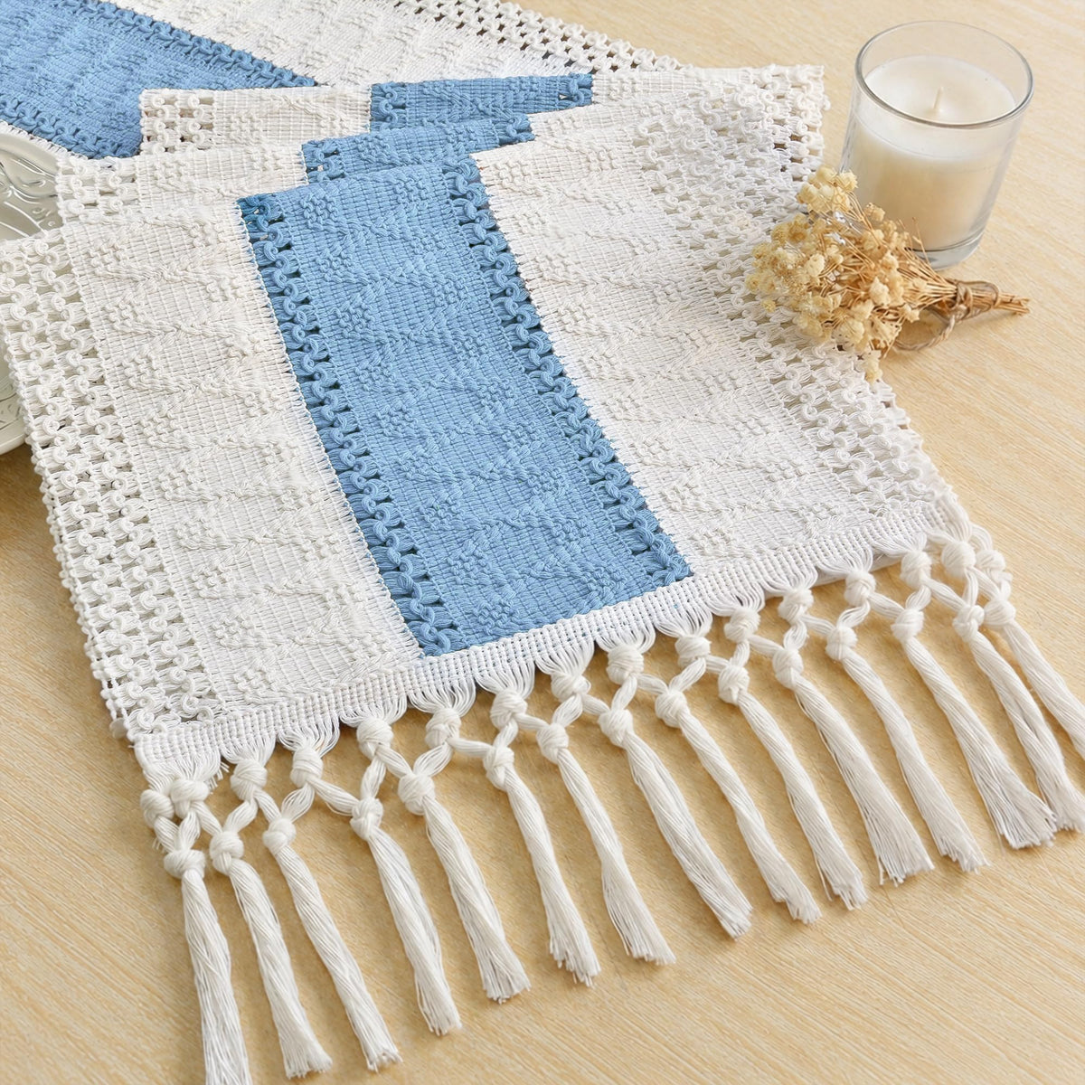 Boho Table Runner for Home Decor 12x72 Light Blue Farmhouse Decor (6 Sq Ft)