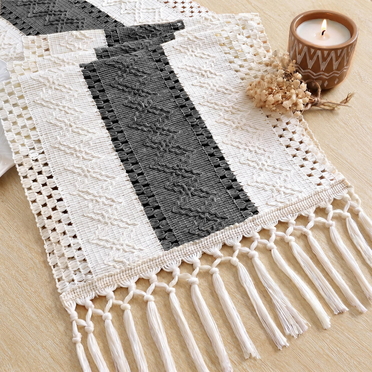 Boho Table Runner with Tassels for Home Decor 12x72 Inches Grey (6 Sq Ft)