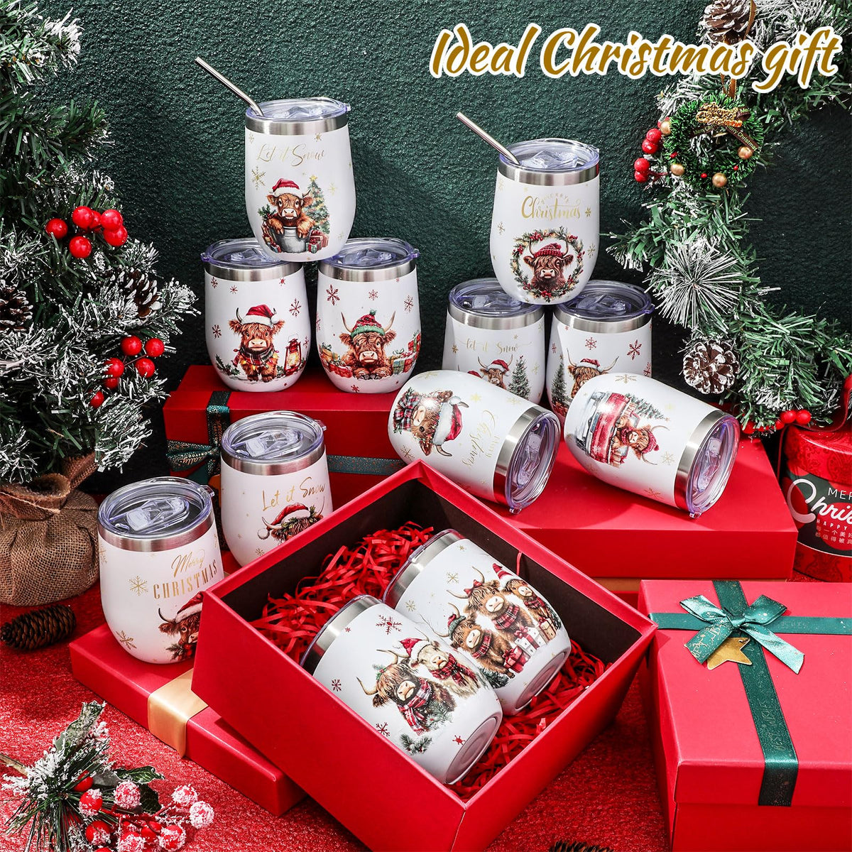12 Sets Christmas Wine Tumbler 12oz Stainless Steel Vacuum Insulated Winter Coffee Mug Stemless Xmas Wine Glasses Holiday Gift for Teacher Coworker Friend Travel Party (12 Count)