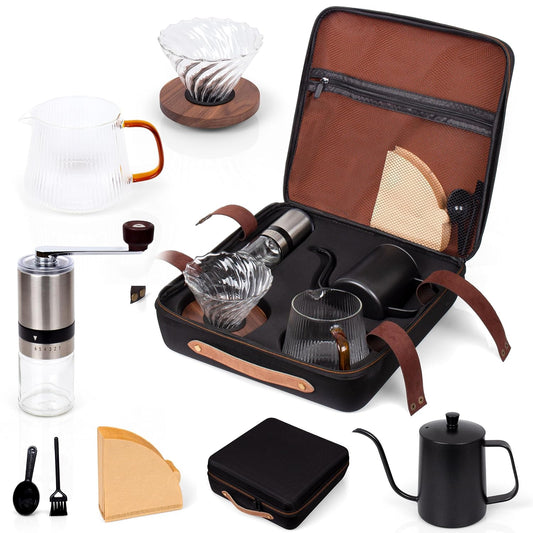 Outdoor Travel Coffee Gift Set with Goose Neck Kettle Glass Server Manual Grinder Glass Dipper 100 pcs Paper Filter and Scope for Drip