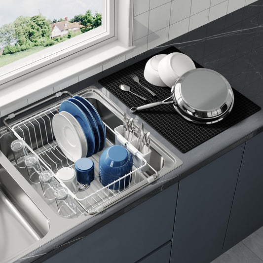 White Dish Drying Rack in Sink with Mat