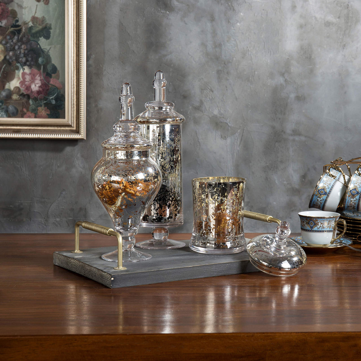 Set of 3 Silver Mercury Glass Apothecary Jars Candy Buffet