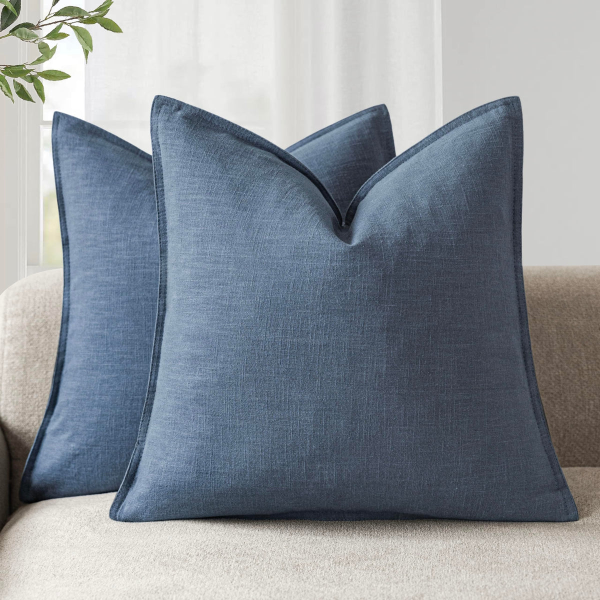 Pack of 2 Decorative Linen Solid Throw Pillow Covers Soft Accent Euro Cushion Case Farmhouse Neutral Pillowcase for Chair Couch Sofa Bedroom Living Room Home Decor 20 x 20 Inch Dark Blue (2 Count)