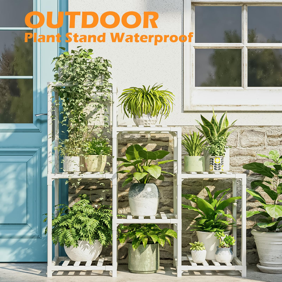 Indoor Plant Stand Outdoor White Shelf Bamboo Plant Table for Multiple Plants 3 Tiers 7 Pots Ladder Holder Pot Window Garden Balcony Living Room
