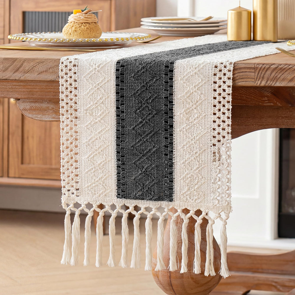 Boho Table Runner with Tassels for Home Decor 12x72 Inches Grey (6 Sq Ft)