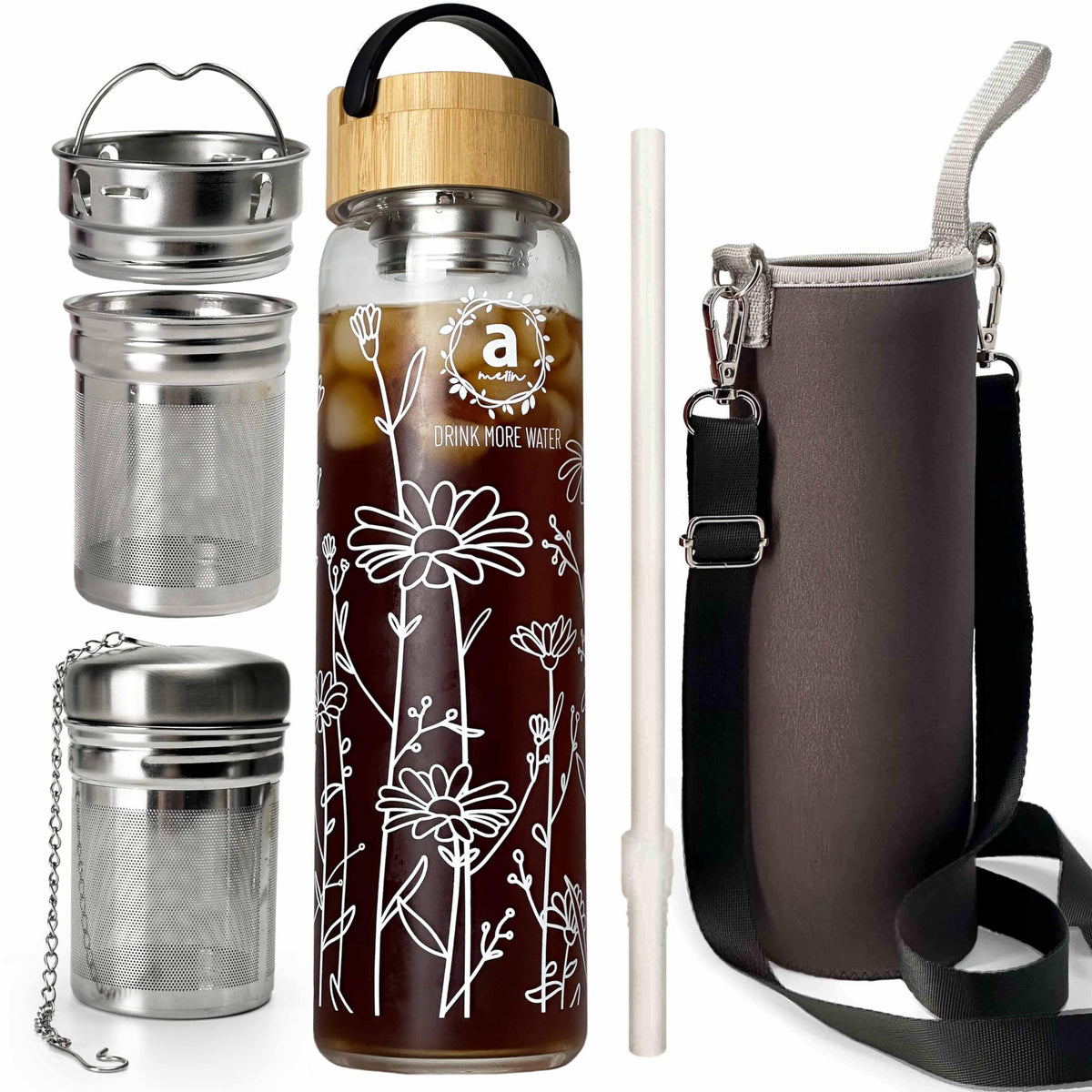32oz Borosilicate Glass Water Bottle with Bamboo Lid and 2 Tea Infuser Sets for Fruit Infused Water and Cold Brew Coffee